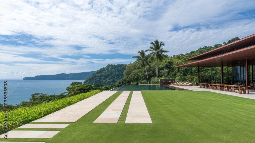 Obraz premium Modern Coastal Villa with Infinity Pool Overlooking Tropical Landscape