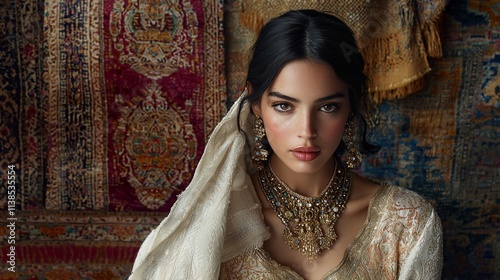 Beautiful woman in ornate jewelry against tapestry.