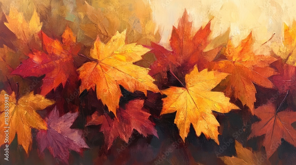 Warm-toned autumn leaves in rich oranges and reds. A beautiful fall still life painting. Warm-toned autumn leaves in rich oranges and reds. A beautiful fall still life painting.