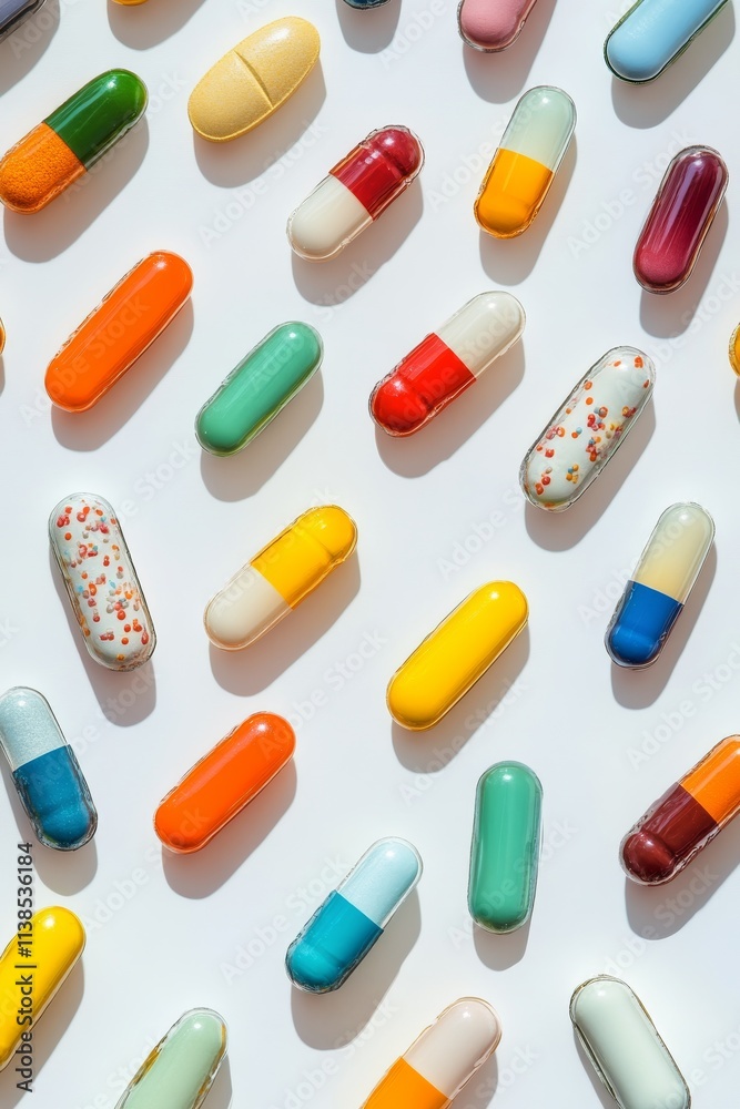 Colorful capsules scattered on a flat surface in a creative arrangement Colorful capsules scattered on a flat surface in a creative arrangement