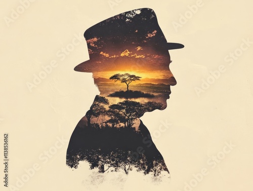 silhouette of a US president wearing a isicholo hat in the shape of africa, in earthy colors with nature growing out of him  photo