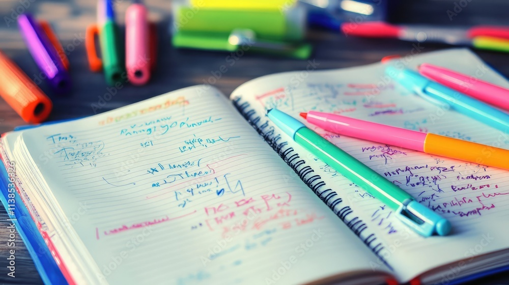 Colorful highlighters and pens rest on an open notebook filled with handwritten notes. A vibrant and organized workspace. Colorful highlighters and pens rest on an open notebook filled with handwritten notes. A vibrant and organized workspace.