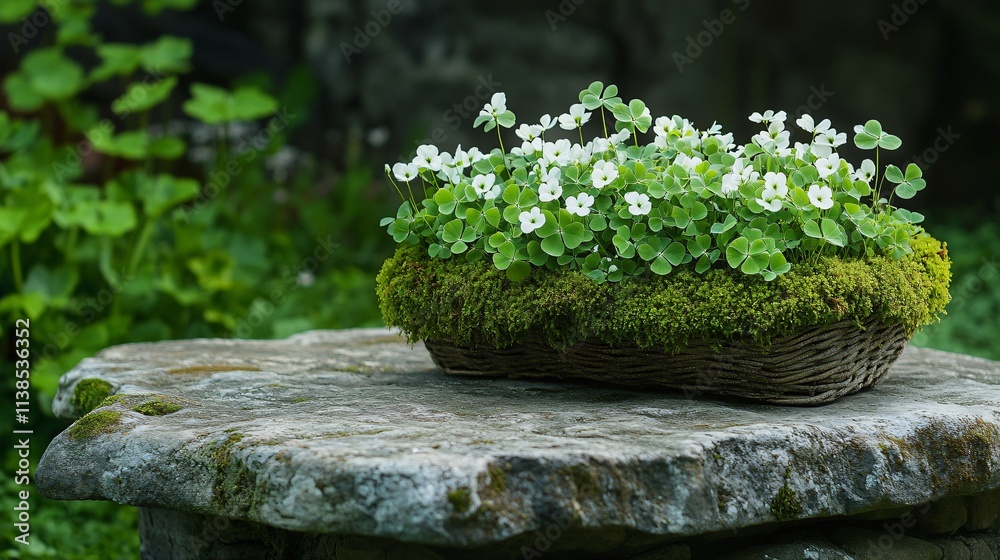 A whimsical arrangement of clover plants in a moss-covered basket, set on a rustic stone table in a garden A whimsical arrangement of clover plants in a moss-covered basket, set on a rustic stone table in a garden