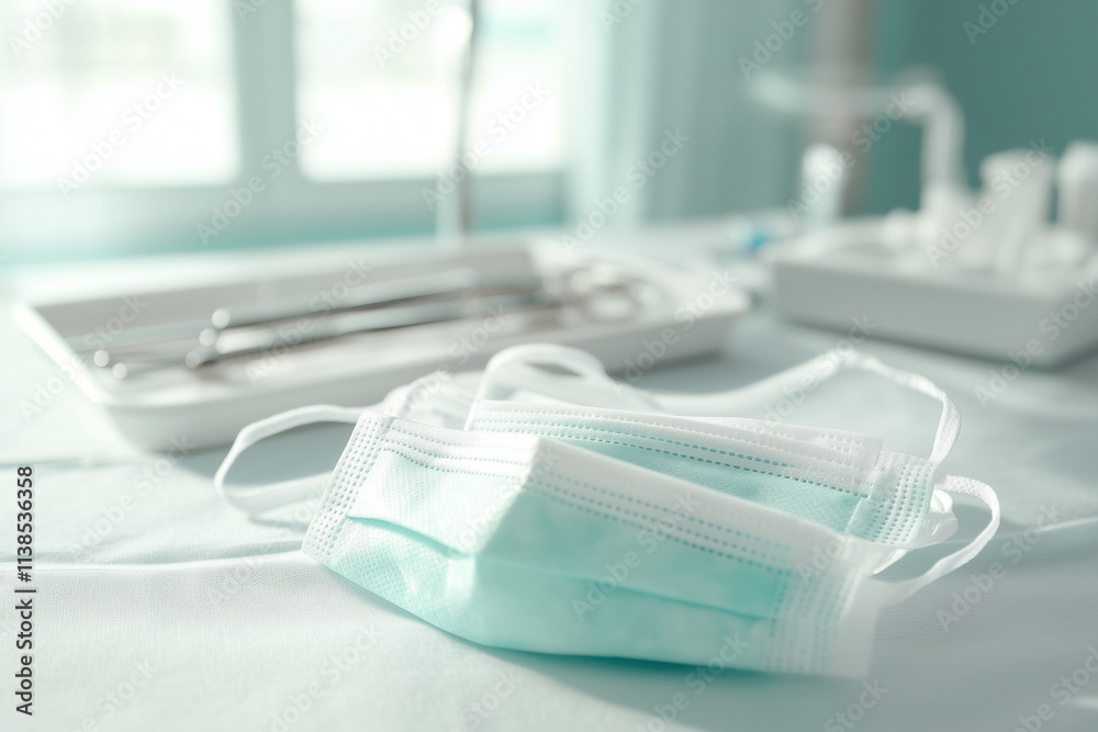 Medical masks placed on a table near surgical instruments in a bright healthcare setting. Generative AI Medical masks placed on a table near surgical instruments in a bright healthcare setting. Generative AI