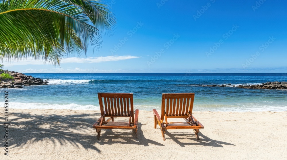 Serene Beachfront with Comfortable Lounge Chairs and Tropical Palm Tree Serene Beachfront with Comfortable Lounge Chairs and Tropical Palm Tree