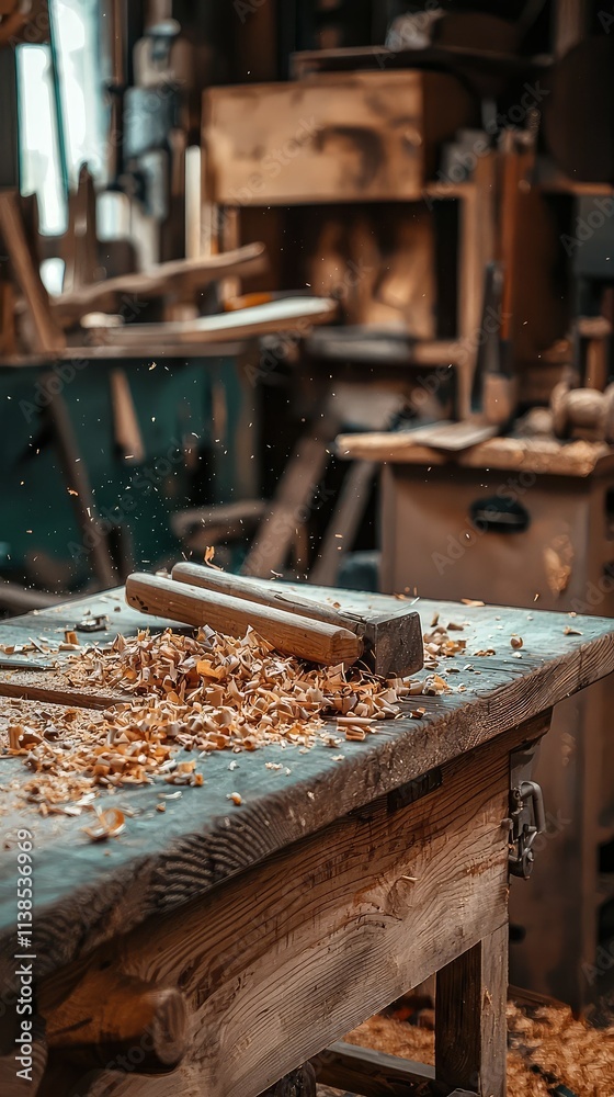 Craftsmanship in Woodworking: Close-Up View of Shavings and Tools in a Rustic Workshop with Hints of Dust Motions and Natural Light Streaming In Craftsmanship in Woodworking: Close-Up View of Shavings and Tools in a Rustic Workshop with Hints of Dust Motions and Natural Light Streaming In