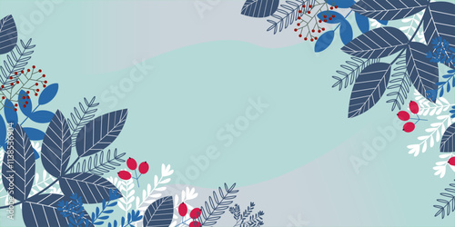 Print  Winter holidays background with pine branches and snowflakes. Winter card design .Abstract simply winter background with natural template for wallpaper or banner gift card.