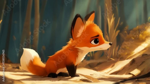 Cartoon fox is sitting on the ground. It has a sad expression on its face. The fox is looking at the camera