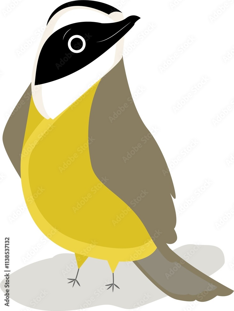 Fototapeta premium The bird is a yellow tit with a black crest. A feathered animal that lives in nests. Vector stock illustration. Fauna. White background. Isolated