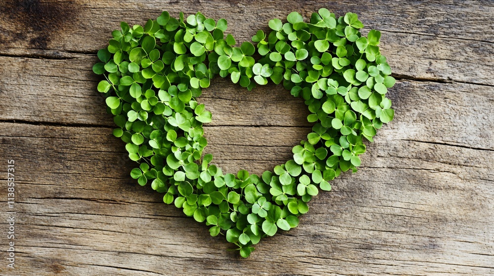 Clover leaves arranged in a heart shape on a distressed wooden table, with soft natural lighting Clover leaves arranged in a heart shape on a distressed wooden table, with soft natural lighting
