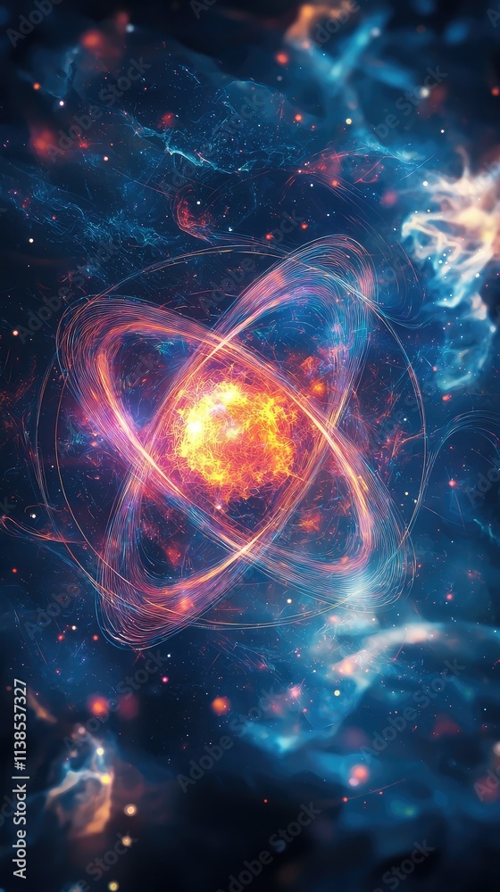 Obraz premium Stunning Visual of an Atomic Structure with Vibrant Colors, Swirling Gas Clouds, and Cosmic Background Representing the Essence of Matter and Energy in a Magnificent Universe