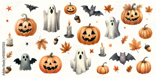 Set of Halloween watercolor clipart stickers with black cat in witch hat, skull, pumpkins, candle, snake, pot, ghost, hand with bone, candies, bat, spider.