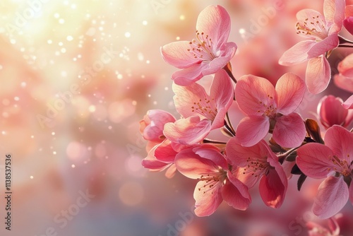 Cherry blossom branches with pink flowers during spring season in soft pastel colors