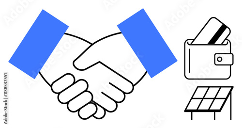 Handshake symbolizes partnership, solar panel for renewable energy, wallet with card for finance. Ideal for sustainability, partnerships, eco-friendly business, renewable energy, banking, teamwork