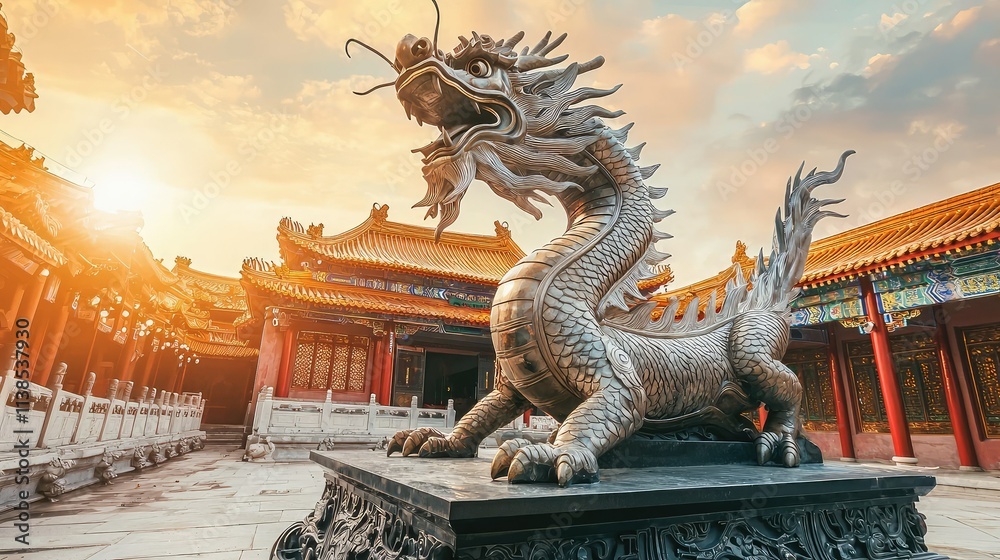 Fototapeta premium Majestic Dragon Statue in Ancient Asian Temple at Sunset with Vibrant Sky, Symbolizing Power and Heritage, Surrounded by Architectural Splendor and Tranquil Atmosphere