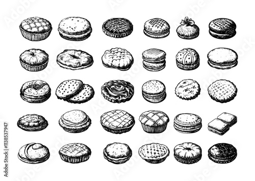 Chocolate cookies engraving vector set. Bakery chips crispy flour treats, oatmeal crunches confectionery sweets biscuit, hand drawn retro black ink sketch isolated vectors on white background