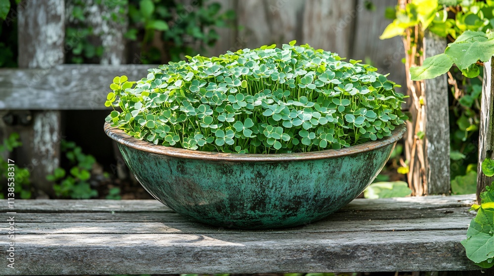 Clover plants growing in an antique enamel basin, placed on a rustic wooden bench in a shaded garden Clover plants growing in an antique enamel basin, placed on a rustic wooden bench in a shaded garden