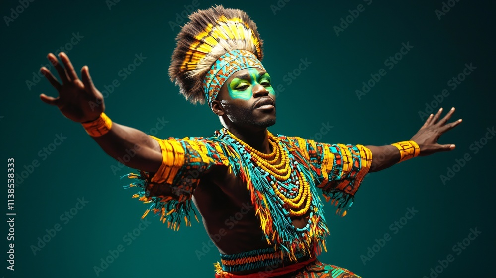 Fototapeta premium Black history month, African Tribal Dancer Colorful Costume Teal Background Performance Art