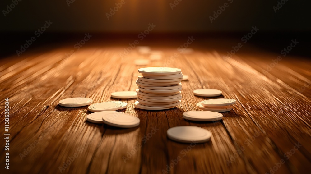 Poker chip concept. A focused view of stacked tokens on a wooden surface, symbolizing investment and strategic decision-making.
