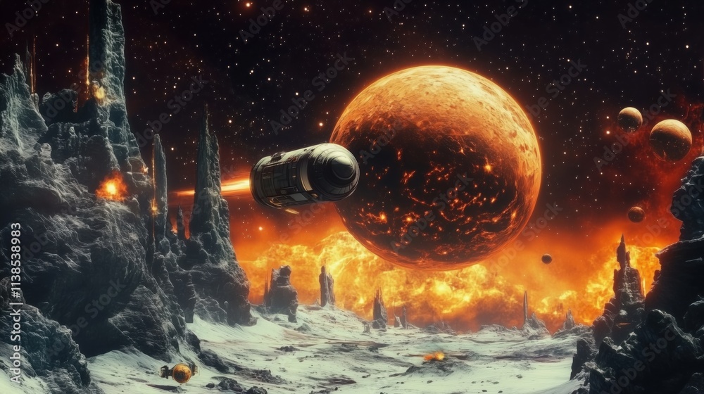Spaceship soaring through space, escaping a burning planet amidst a rocky landscape filled with fire and explosions, while distant planets and twinkling stars create a cosmic backdrop