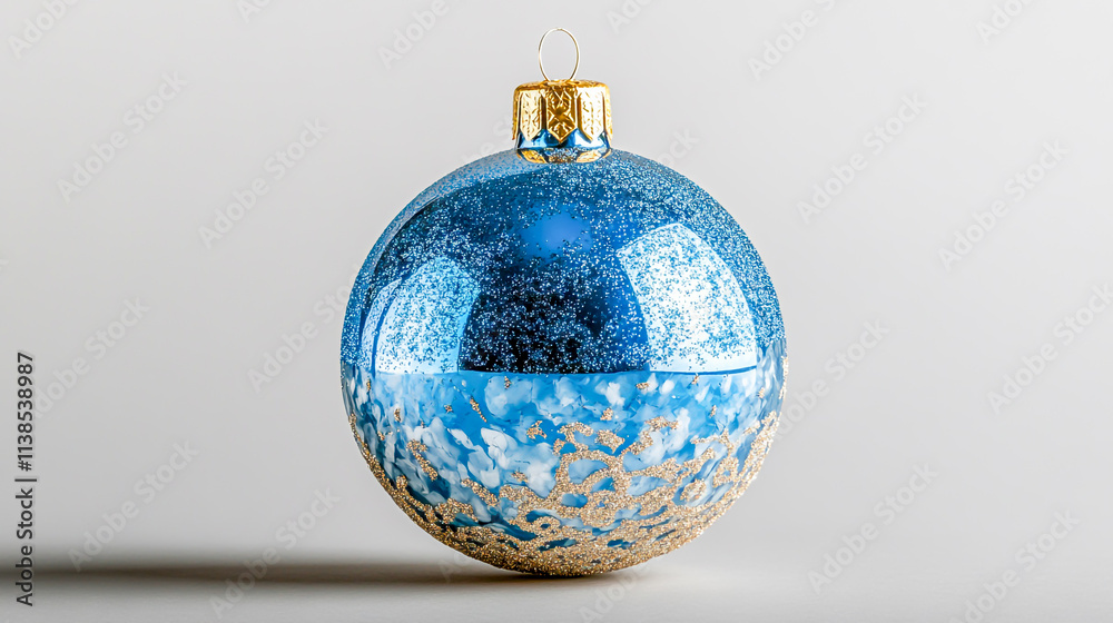 Isolated Blue Christmas Ornament Ball on a Gray Background, Holiday Decoration Close-up Isolated Blue Christmas Ornament Ball on a Gray Background, Holiday Decoration Close-up