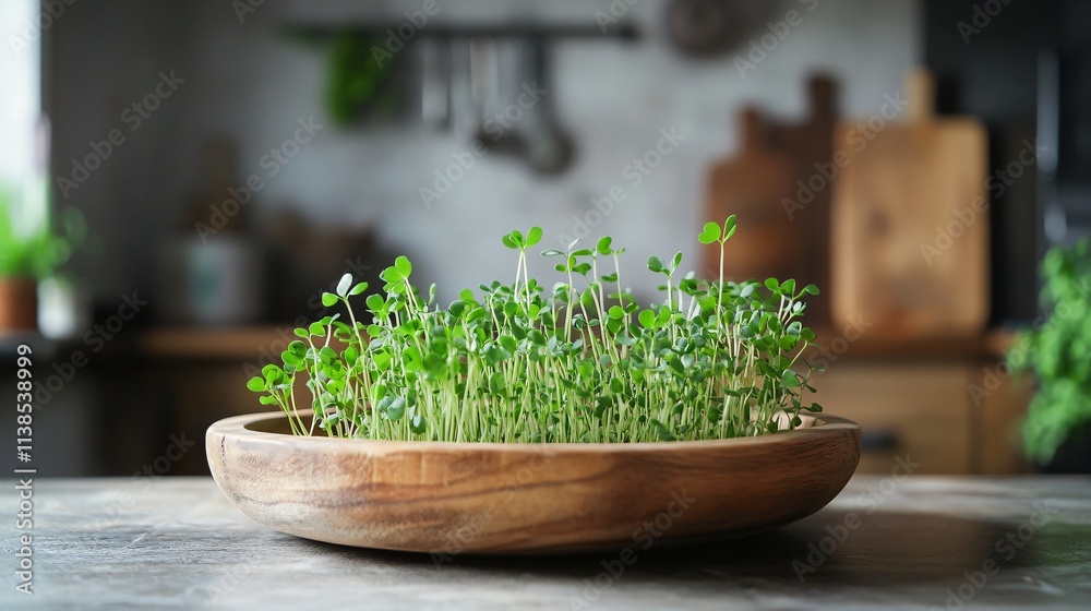 Clover plants sprouting in a shallow wooden bowl, with a rustic kitchen setting in the background Clover plants sprouting in a shallow wooden bowl, with a rustic kitchen setting in the background