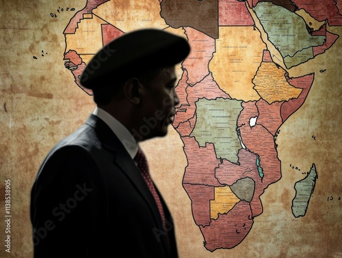 Silhouette of a US president wearing an isicholo hat in the shape of the africa, in earth colors, with a map of the Middle East inside photo