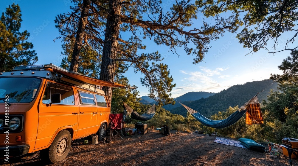A rustic campsite with a camper van, hammocks strung between trees, and a peaceful mountain backdrop A rustic campsite with a camper van, hammocks strung between trees, and a peaceful mountain backdrop