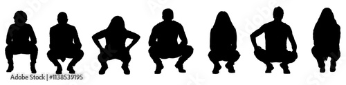 group of silhouette people squatting on white background