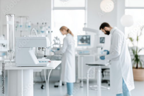 Scientists conduct research in a bright laboratory using modern equipment and maintaining safety protocols. Generative AI