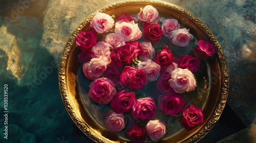 Beautiful Roses Floating in a Gold Bowl Surrounded by Soft Clouds and Light
