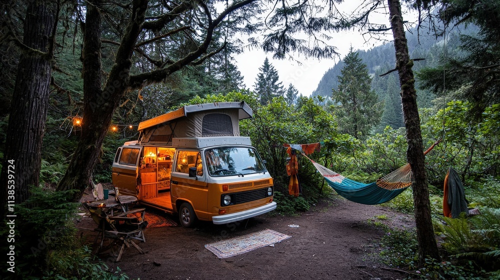 Fototapeta premium A rustic campsite with a camper van, hammocks strung between trees, and a peaceful mountain backdrop
