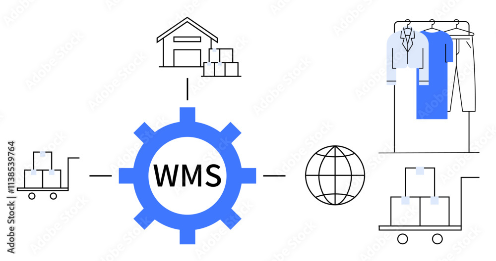 Obraz premium Warehouse icon, storage carts, clothing rack, globe, and blue gear with WMS text. Ideal for logistics, inventory management, supply chain e-commerce retail warehouse shipping. Line metaphor