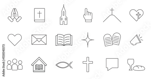 A set of Christian images. Linear icons set. Icons on the Christian theme.	