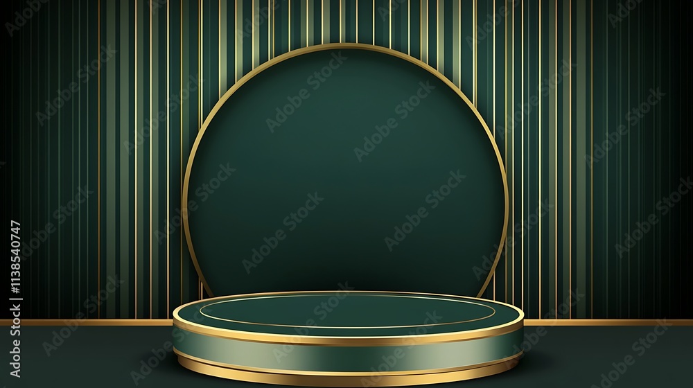 A modern minimalistic design featuring a green and gold podium with horizontal stripes on a dark background, with geometric elements and empty space in the center for product display A modern minimalistic design featuring a green and gold podium with horizontal stripes on a dark background, with geometric elements and empty space in the center for product display