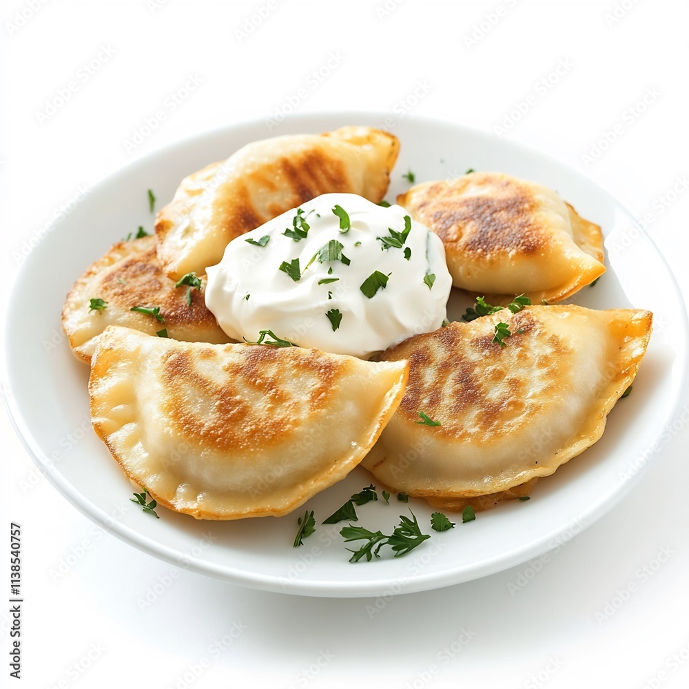 Freshly Made Pierogi with Creamy Sour Cream on White Background with Studio Lighting Freshly Made Pierogi with Creamy Sour Cream on White Background with Studio Lighting