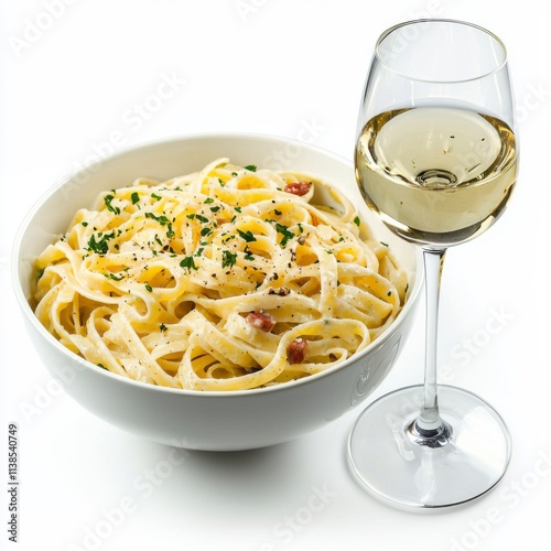 Delicious pasta served with a glass of white wine on a clean white background.