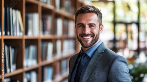 Professional man smiles confidently in modern library setting during daytime