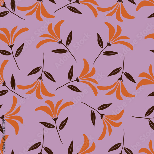 Flower garden wallpaper design vector prepared for textile printing. Seamless floral pattern with abstract hand drawn flower and leaf background elements in purple