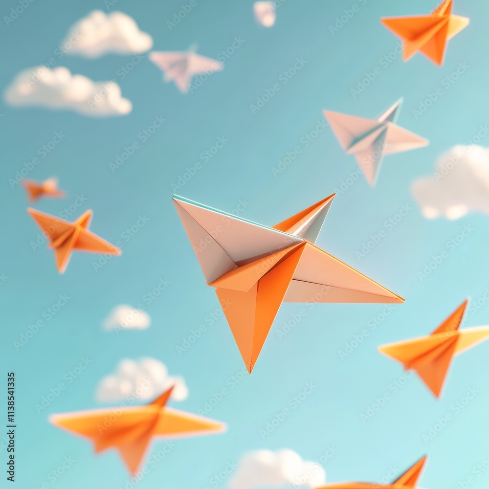 Colorful paper airplanes flying in a clear blue sky creating a whimsical atmosphere Colorful paper airplanes flying in a clear blue sky creating a whimsical atmosphere