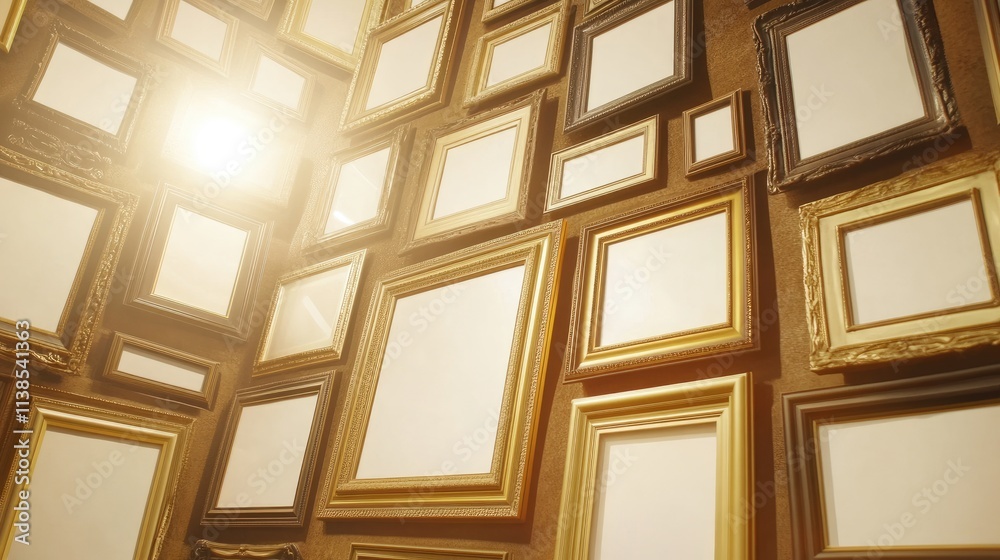Fototapeta premium A gallery wall with rows of blank frames in varying sizes, arranged symmetrically under bright, even lighting.