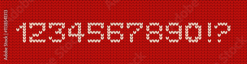 Knitted font digits decoration vector illustrations on red photo