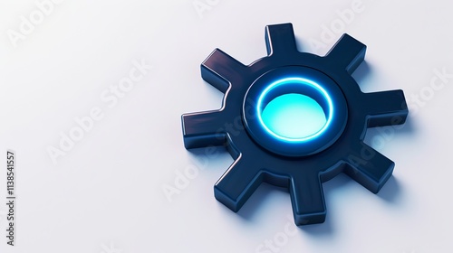 A close-up of a futuristic blue-lit gear icon, symbolizing technology and innovation. The sleek design showcases a dark exterior with a glowing center. photo