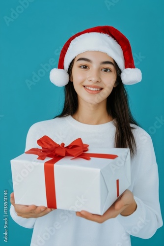 Copy space. Isolated white white young woman in red xmas hat with acation box in hands, on blue background. Professional holiday photo. Santa gift kid. Santa hat gift. Kid christmas wish. photo