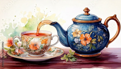 Elegant watercolor teapot pouring tea into a floral-patterned cup