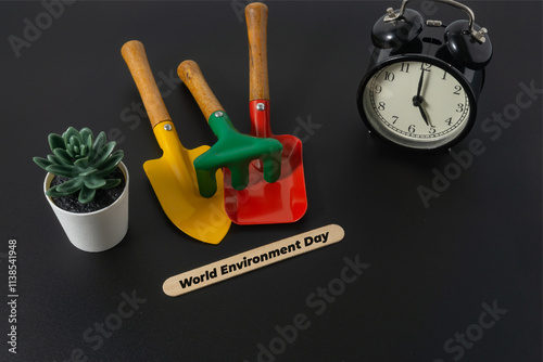 Gardening concept with a text World Environment Day on black background
