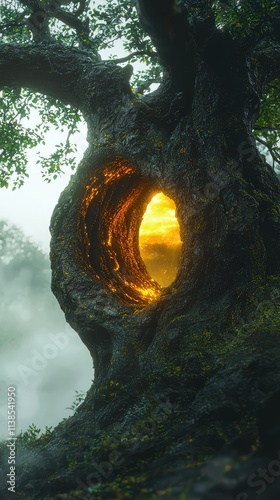 Enigmatic Tree with Glowing Hollow Illuminated by Sunrise, Surrounded by Mist and Lush Foliage in an Enchanted Forest Setting