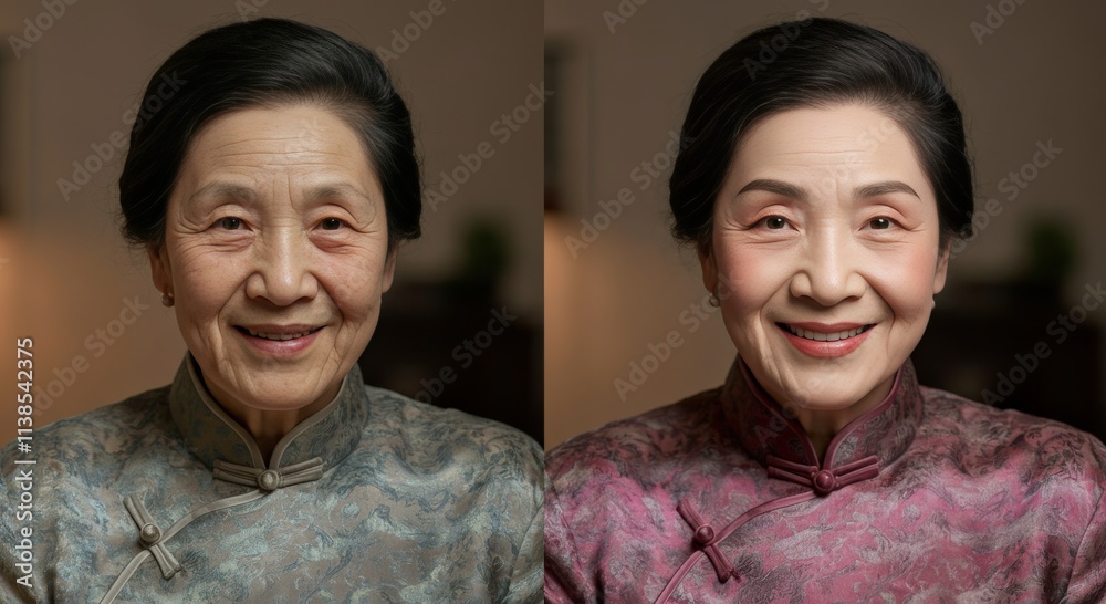 Portrait series showcasing elegant elderly asian female in traditional attire Portrait series showcasing elegant elderly asian female in traditional attire