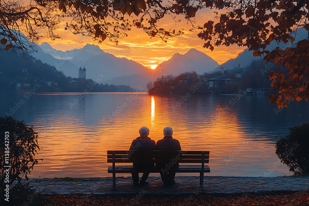 Elderly couple sitting on a bench overlooking a lake at sunset. Elderly couple sitting on a bench overlooking a lake at sunset.