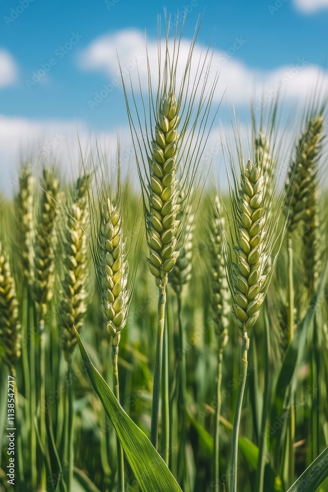 Wheat field under bright blue sky with fluffy clouds during sunny day Wheat field under bright blue sky with fluffy clouds during sunny day